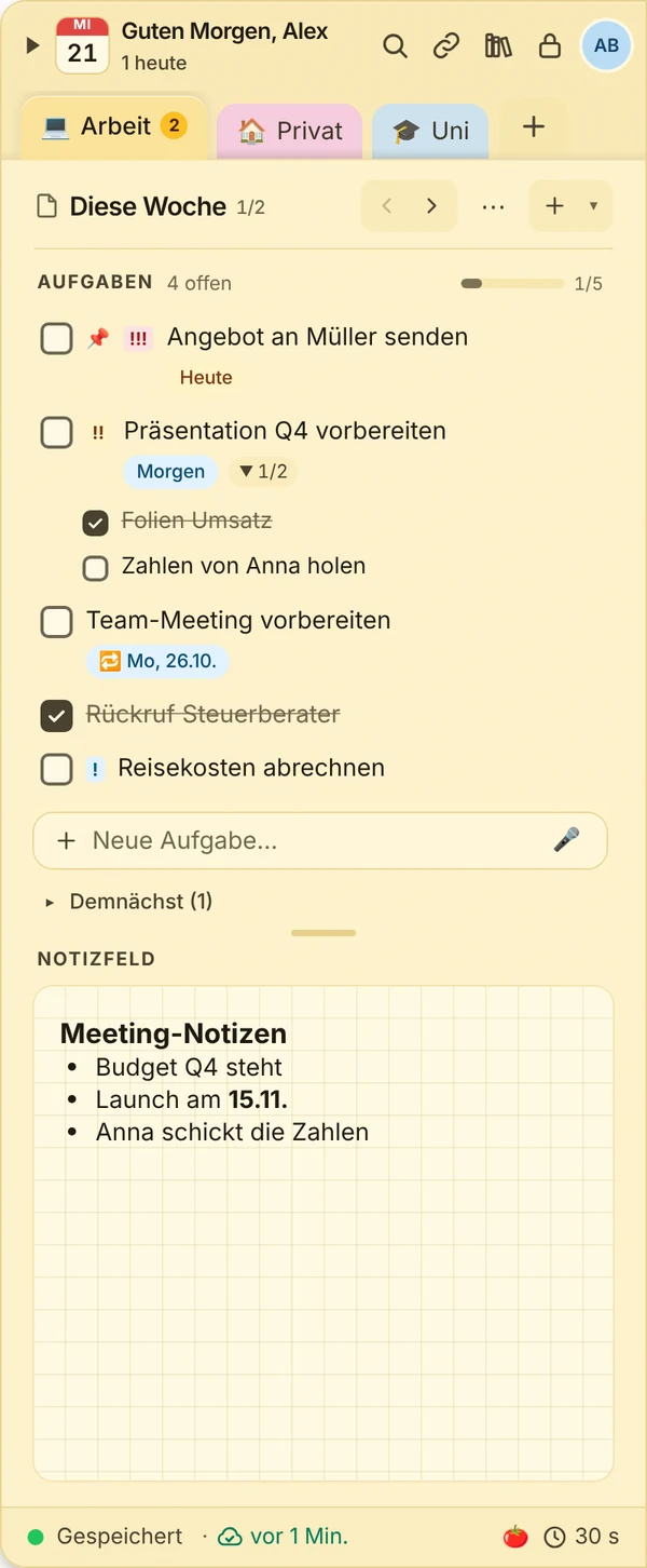Das Dock von JP Note mit Aufgaben, Unteraufgaben und Meeting-Notizen