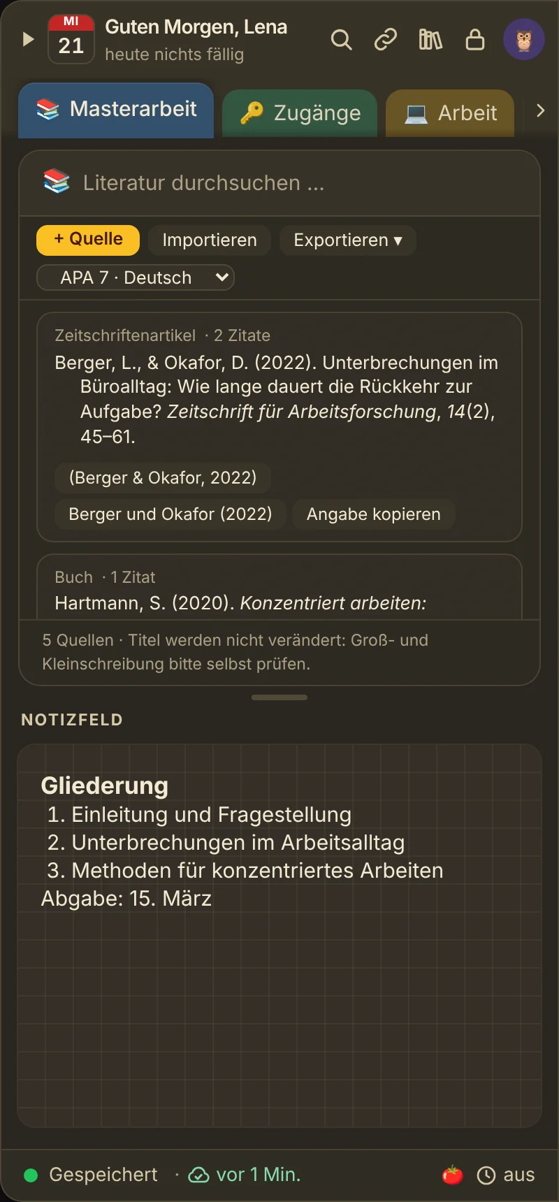Literatur-Notiz mit fünf Quellen im Dock