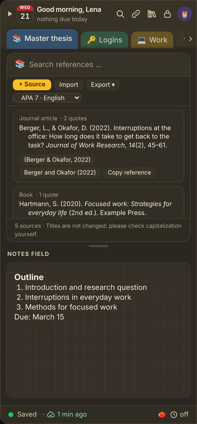 References note with five sources in the dock