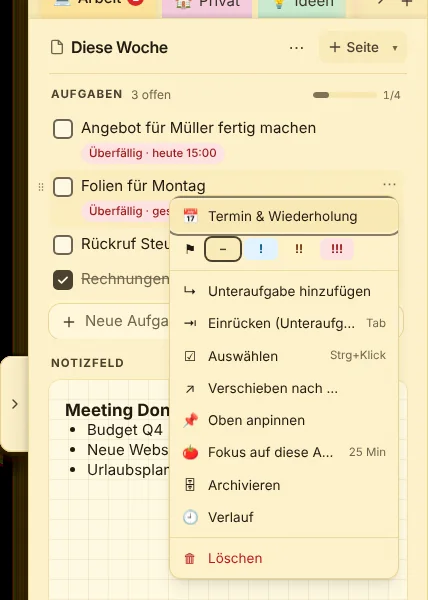Rechtsklick oder ⋯ öffnet das Menü der Aufgabe
