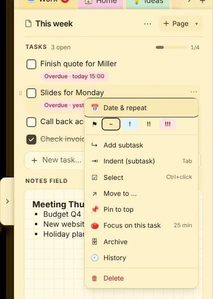 Right-click or ⋯ opens the task menu