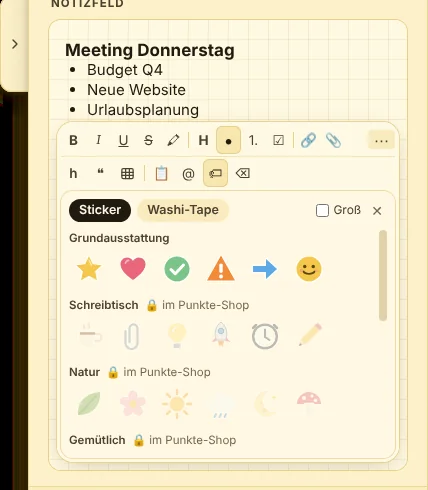 Im Notizfeld: 🏷 öffnet Sticker und Washi-Tape