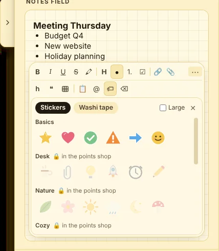 In the notes field: 🏷 opens stickers and washi tape