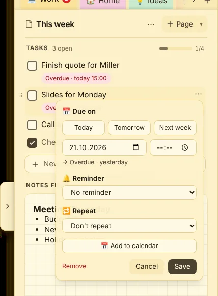 Date, reminder and repeat