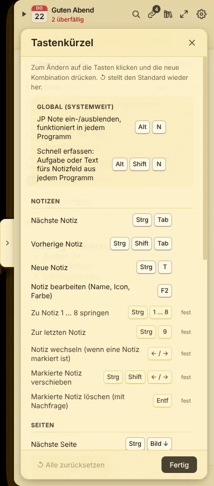 F1 zeigt alle Kürzel, ein Klick auf die Tasten ändert sie
