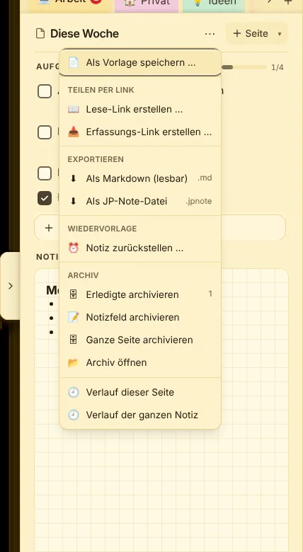 Das Seitenmenü ⋯: Vorlage, Links, Export, Archiv und Verlauf