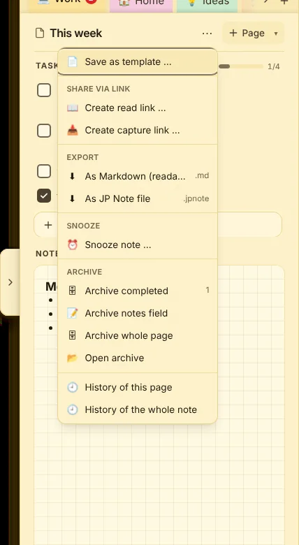 The page menu ⋯: template, links, export, archive and history