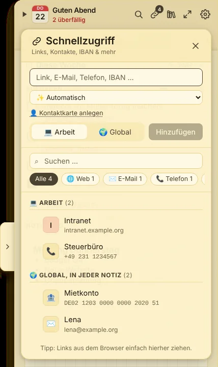 Schnellzugriff mit Einträgen dieser Notiz und globalen