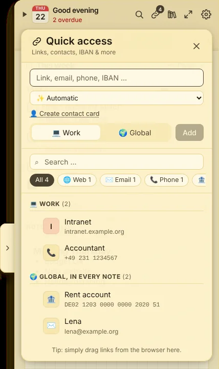 Quick access with entries for this note and global ones