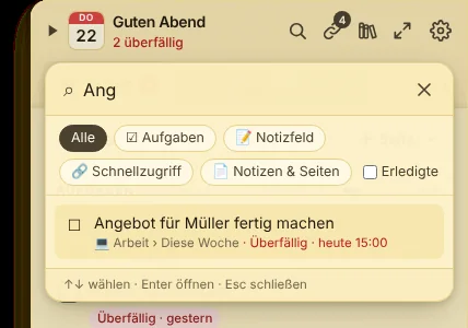 Suche mit Filtern, Enter öffnet den Treffer