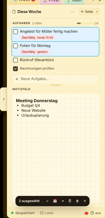Zwei markiert, unten die Leiste für alle