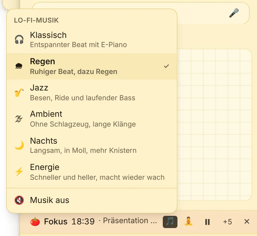 Musikmenü am Fokus-Timer mit sechs Stilen