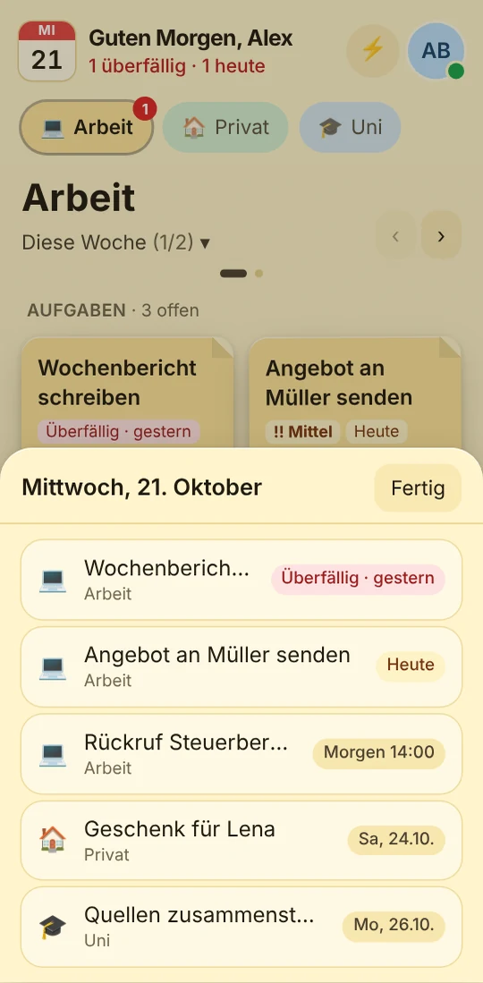 Was heute ansteht, in der Handy-App