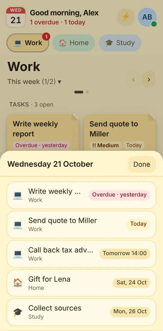 What is due today, in the phone app