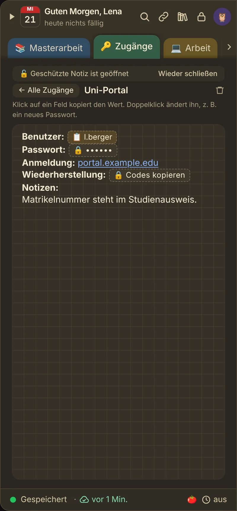 Geöffneter Zugang mit Kopierfeldern