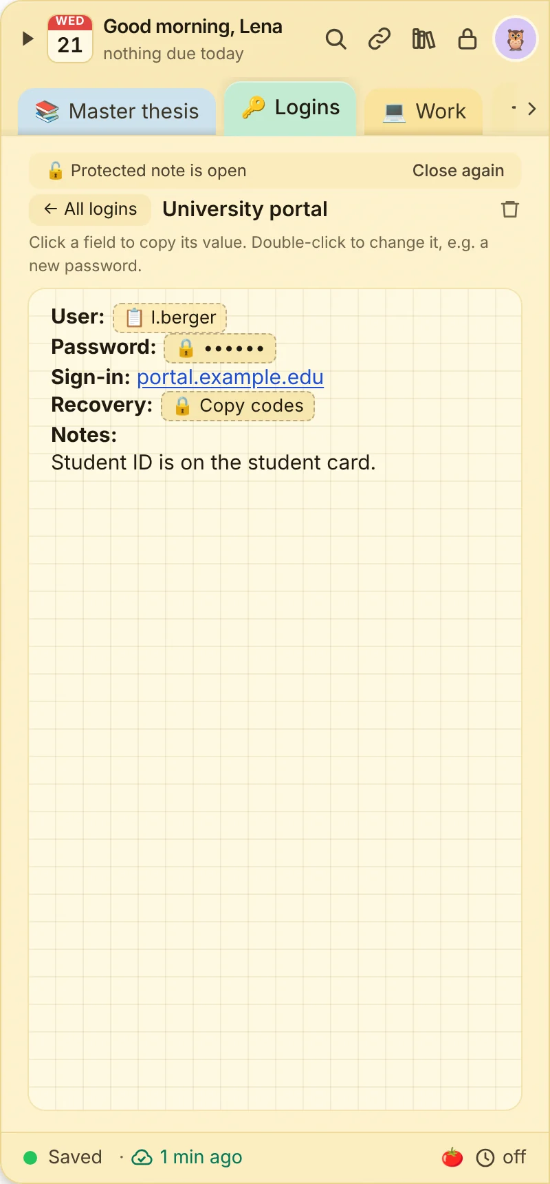 Login with copy fields, password hidden