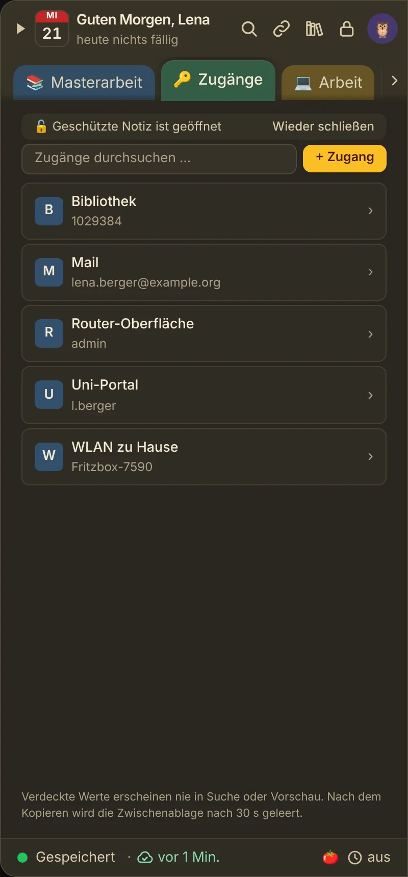 Passwort-Notiz mit fünf Zugängen