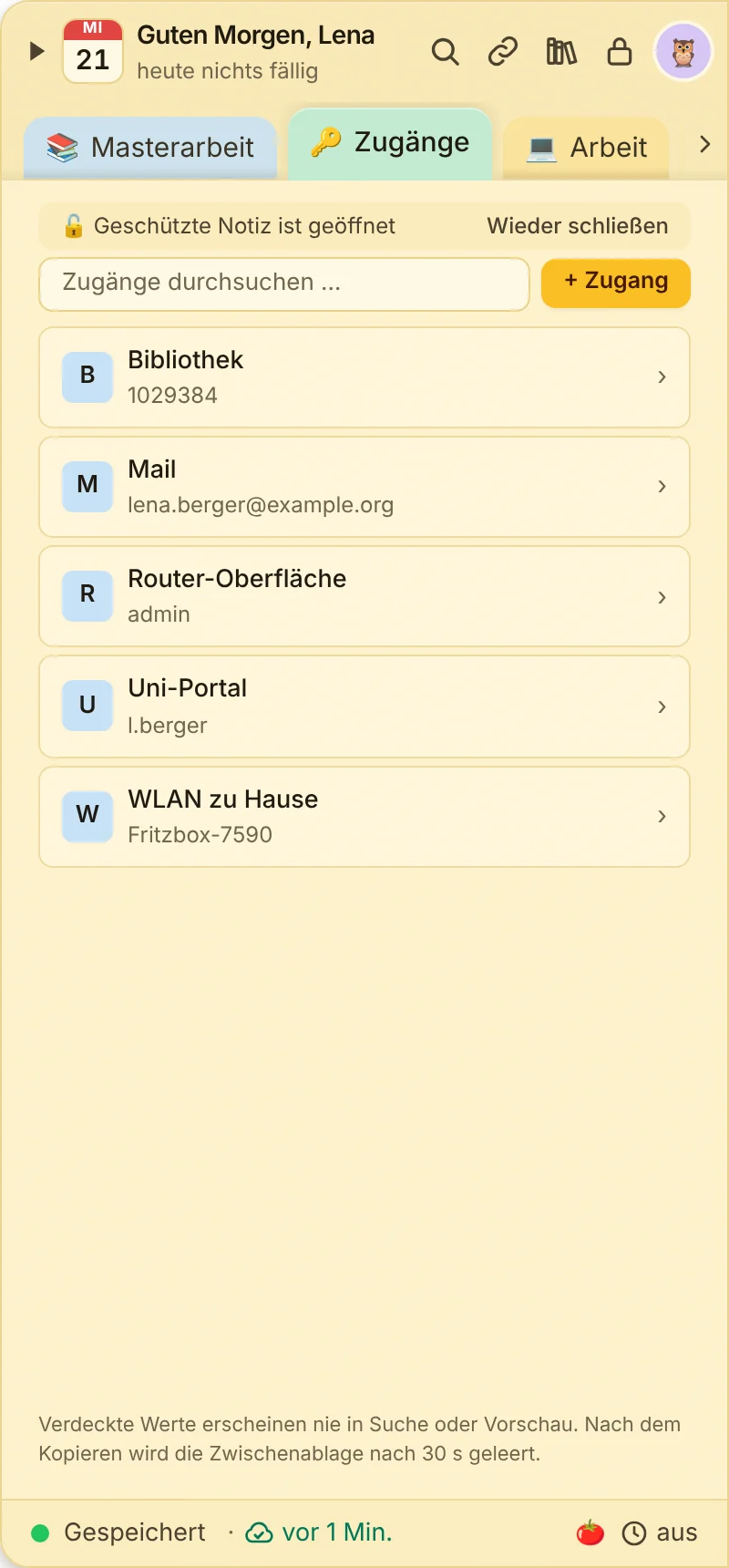Passwort-Notiz mit Zugängen