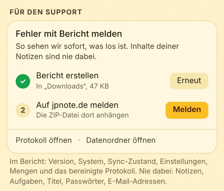Der Bereich „Für den Support“ in den Einstellungen
