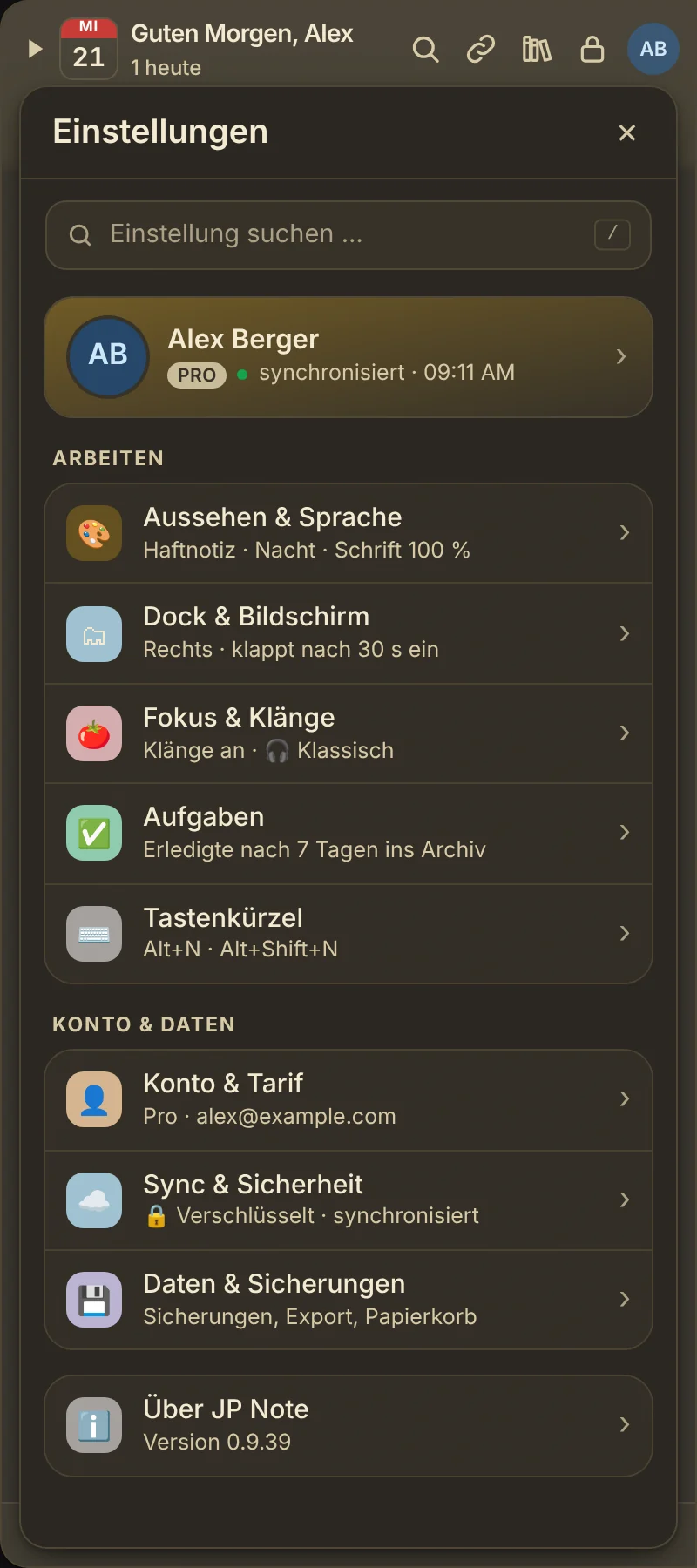 Startseite der Einstellungen mit Profil und Bereichen