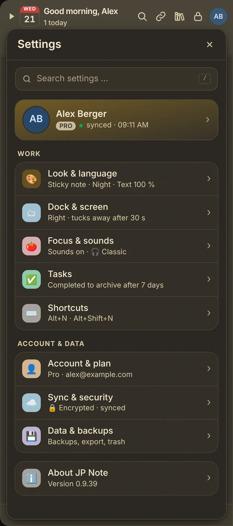 Settings start page with profile and sections