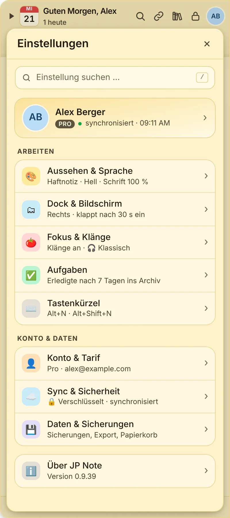 Startseite der Einstellungen mit Profil und Bereichen