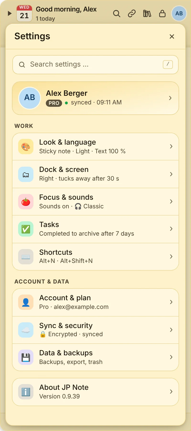 Settings start page with profile and sections