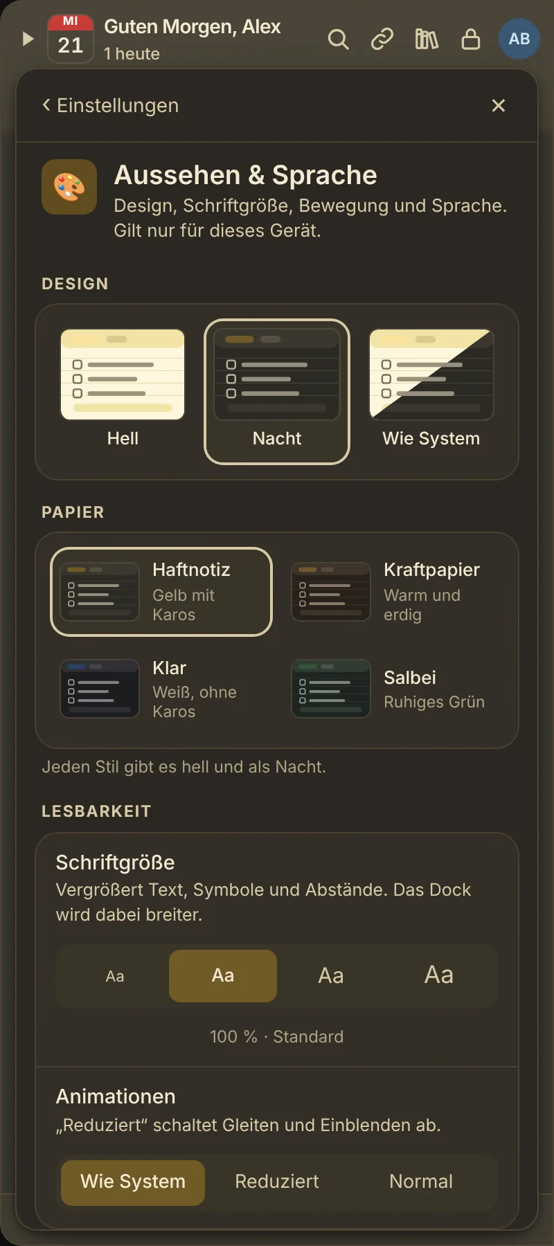 Aussehen mit Design, Papier-Stilen und Schriftgröße