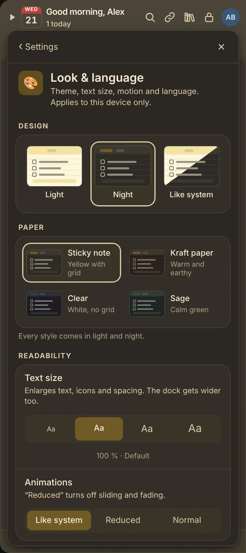 Look with theme, paper styles and text size