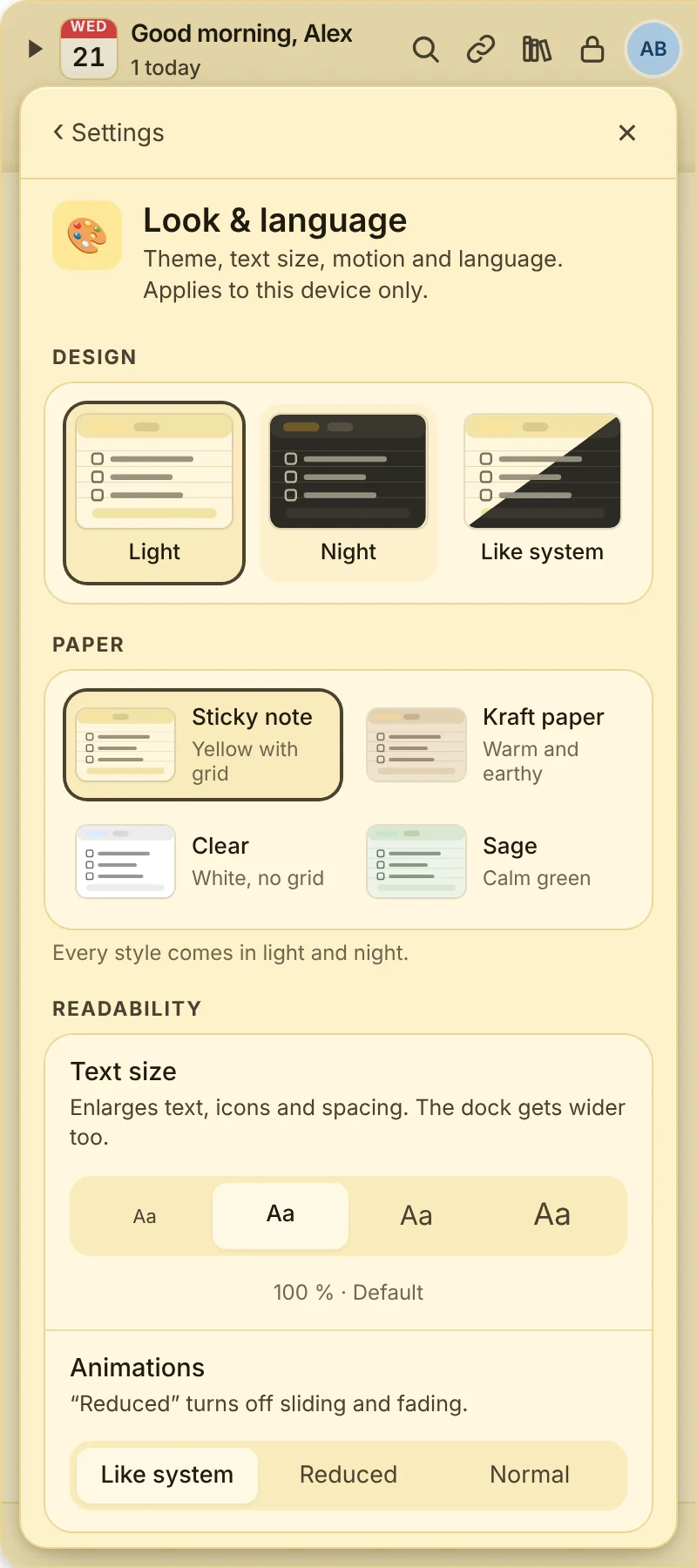 Look with theme, paper styles and text size