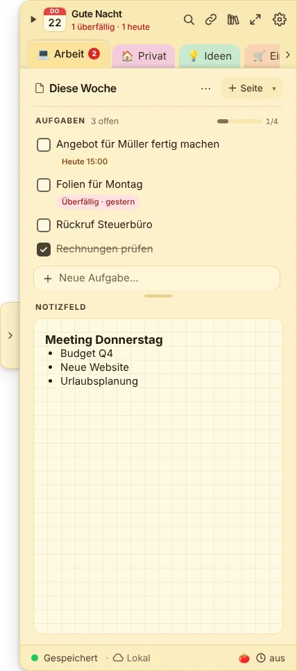 Das Dock am rechten Bildschirmrand mit Aufgaben und Notizfeld