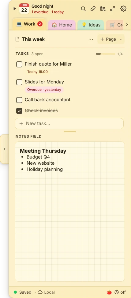 The dock at the right edge of the screen with tasks and notes field