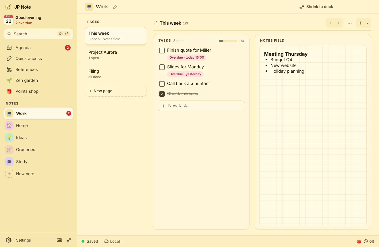 JP Note as a large window with sidebar, tasks and notes field side by side