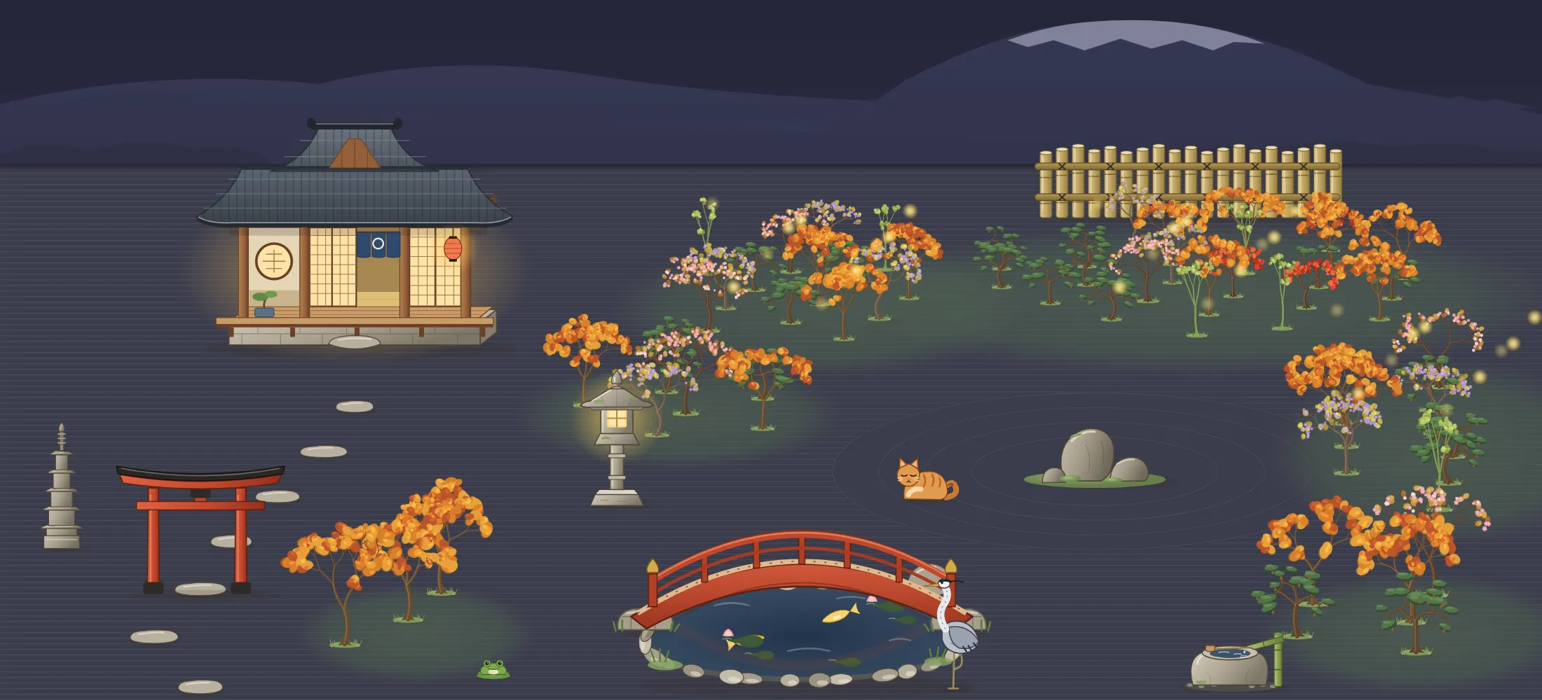 Zen garden at night with 60 plants, tea house, glowing lantern, bridge, pond and fireflies