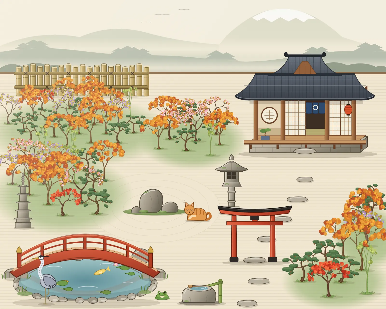 Fertiger Zen-Garten im Oktober mit Teehaus, Pagode, Brücke über dem Teich, Laterne, Torii, Katze und Frosch